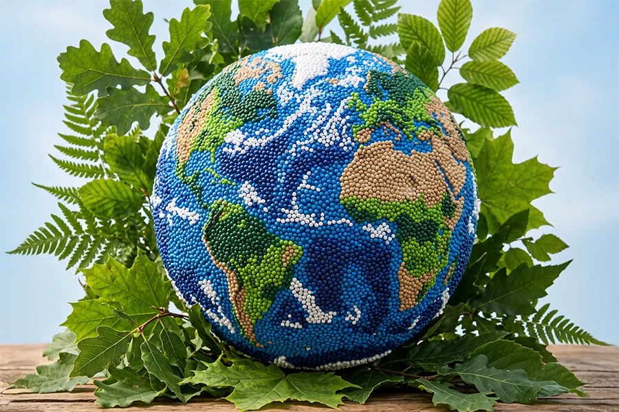Mondo fatto con elastomeri termoplastici che evoca sostenibilità